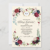 Navy Blue | Burgundy Floral Watercolor Wedding Einladung (Vorderseite)