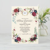 Navy Blue | Burgundy Floral Watercolor Wedding Einladung (Stehend Vorderseite)