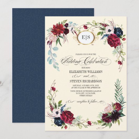Navy Blue | Burgundy Floral Watercolor Wedding Einladung (Vorne/Hinten)