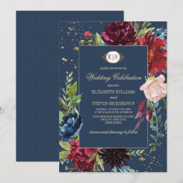 Navy Blue | Burgundy Floral Watercolor Wedding Einladung