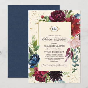 Navy Blue   Burgundy Floral Watercolor Wedding Einladung
