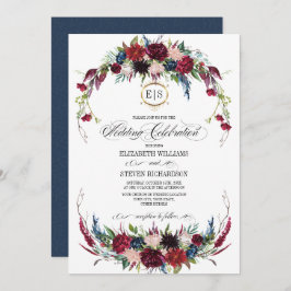Navy Blue | Burgundy Floral Watercolor Wedding Einladung