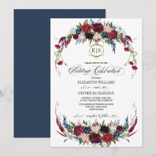 Navy Blue   Burgundy Floral Watercolor Wedding Einladung