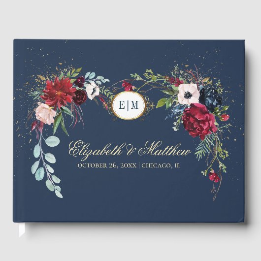 Navy Blue | Burgundy Floral Watercolor Wedding Gästebuch (Vorderseite)