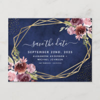 Navy Blue Burgundy Geometric Floral Save the Date