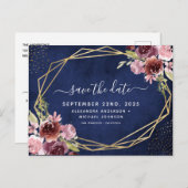 Navy Blue Burgundy Geometric Floral Save the Date Ankündigungspostkarte (Vorne/Hinten)