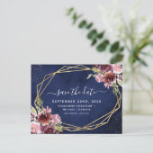 Navy Blue Burgundy Geometric Floral Save the Date Ankündigungspostkarte (Stehend Vorderseite)