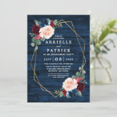Navy Blue Burgundy Gold Blush Engagement Party Einladung (Stehend Vorderseite)