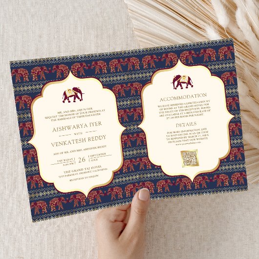 Navy Blue Burgundy Gold Elephant Indian Wedding Einladung