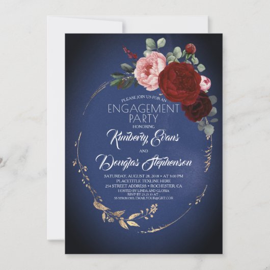 Navy Blue Burgundy Gold Floral Engagement Party Einladung (Vorderseite)