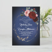 Navy Blue Burgundy Gold Floral Engagement Party Einladung (Stehend Vorderseite)