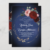 Navy Blue Burgundy Gold Floral Engagement Party Einladung (Vorne/Hinten)