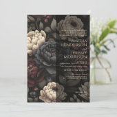 Navy Blue & Burgundy Moody Floral mit QR Code Einladung (Stehend Vorderseite)