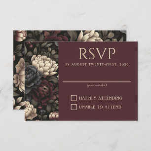 Navy Blue & Burgundy Moody Floral RSVP Karte