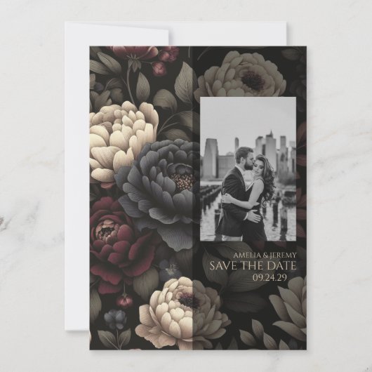 Navy Blue & Burgundy Moody Floral Save The Date (Vorderseite)