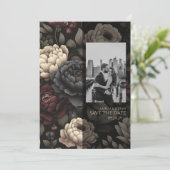 Navy Blue & Burgundy Moody Floral Save The Date (Stehend Vorderseite)