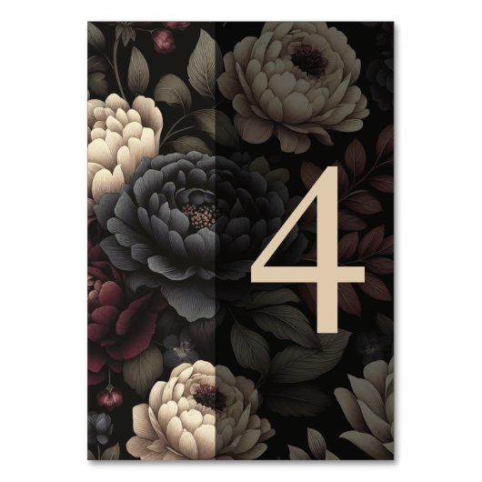 Navy Blue & Burgundy Moody Floral Table 4 Tischnummer (Vorderseite)