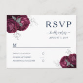 Navy Blue Burgundy Peonies Floral Wedding RSVP Postkarte (Vorderseite)