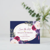 Navy Blue Burgundy Peony Geometric Save the Date Postkarte (Stehend Vorderseite)