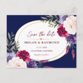 Navy Blue Burgundy Peony Geometric Save the Date Postkarte (Vorderseite)