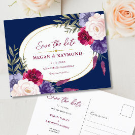 Navy Blue Burgundy Peony Geometric Save the Date Postkarte