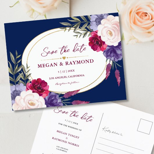 Navy Blue Burgundy Peony Geometric Save the Date Postkarte