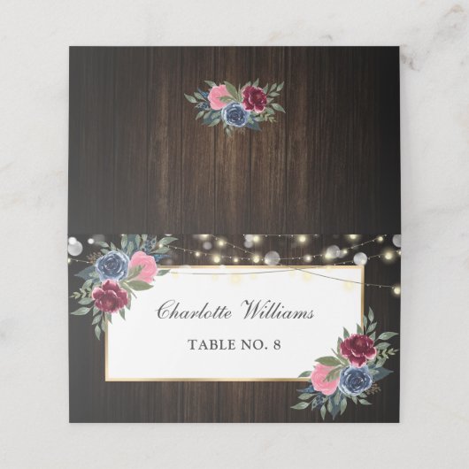Navy Blue Burgundy Pink Floral Wedding Platzkarte (Außenseite Aufgefaltet)
