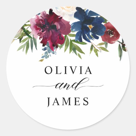Navy Blue Burgundy Red Floral Chic Hochzeit Runder Aufkleber (Vorderseite)