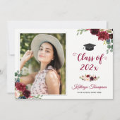 Navy Blue Burgundy Red Floral Foto Abschluss Einladung (Vorderseite)