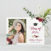 Navy Blue Burgundy Red Floral Foto Abschluss Einladung (Stehend Vorderseite)