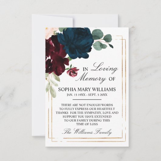 Navy Blue & Burgundy Rose Floral Beileid Memory Dankeskarte (Vorderseite)