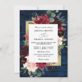 Navy Blue Burgundy Rustic Budget QR Code Wedding Einladung (Vorderseite)