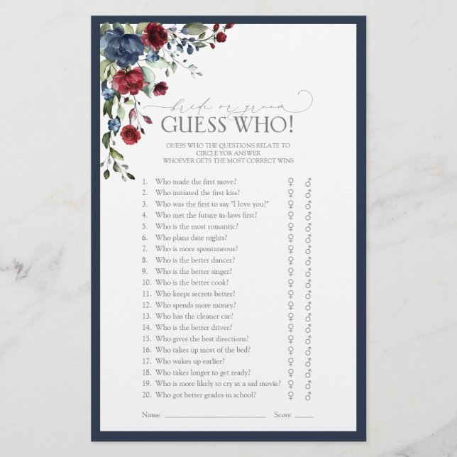 Navy Blue Burgundy Watercolor Brautparty Game (Vorderseite)