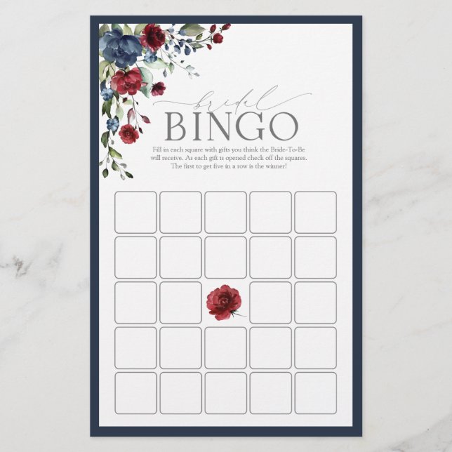 Navy Blue Burgundy Watercolor Bridal Bingo Game (Vorderseite)