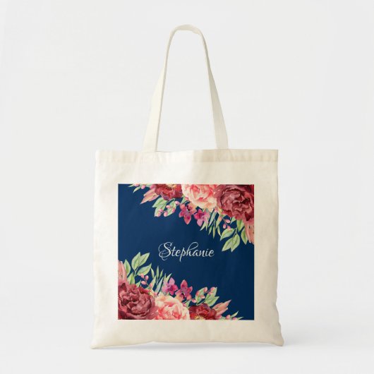 Navy Blue Burgundy Watercolor Floral Monogram Tragetasche (Vorne)