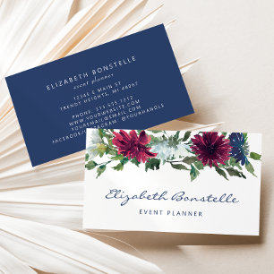 Navy Blue Burgundy Watercolor Floral Visitenkarte