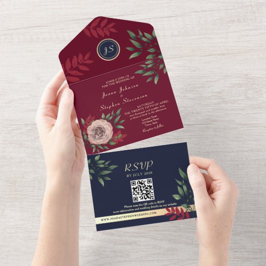 Navy Blue Burgundy Wedding QR Code All In One Einladung (Abreißen)