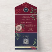 Navy Blue Burgundy Wedding QR Code All In One Einladung (Innen Boden)