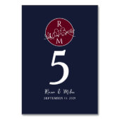 Navy Blue Burgundy Wedding Tischnummer (Rückseite)