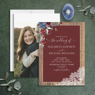 Navy Blue Burgundy Wood Script Foto Wedding Einladung