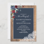 Navy Blue Burgundy Wood Script Foto Wedding Einladung (Vorderseite)