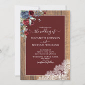 Navy Blue Burgundy Wood Script Foto Wedding Einladung (Vorderseite)