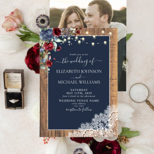 Navy Blue Burgundy Wood Script Lace Foto Wedding Einladung