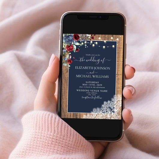 Navy Blue Burgundy Wood Script Lace Foto Wedding Einladung