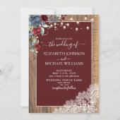 Navy Blue Burgundy Wood Script Lace Wedding Einladung (Vorderseite)