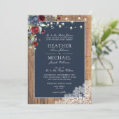 Navy Blue Burgundy Wood Script Lace Wedding Einladung (Stehend Vorderseite)
