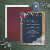 Navy Blue Burgundy Wood Script Lace Wedding Einladung
