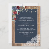 Navy Blue Burgundy Wood Script Lace Wedding Invit Einladung (Vorderseite)