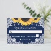 Navy Blue Burlap Floral Lace Sunflower Wedding RSVP Karte (Stehend Vorderseite)