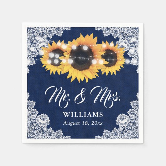 Navy Blue Burlap Floral Lace Sunflower Wedding Serviette (Vorderseite)